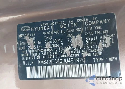 2017 Hyundai Tucson Se z USA, uszkodzony, nr VIN KM8J3CA46HU495920